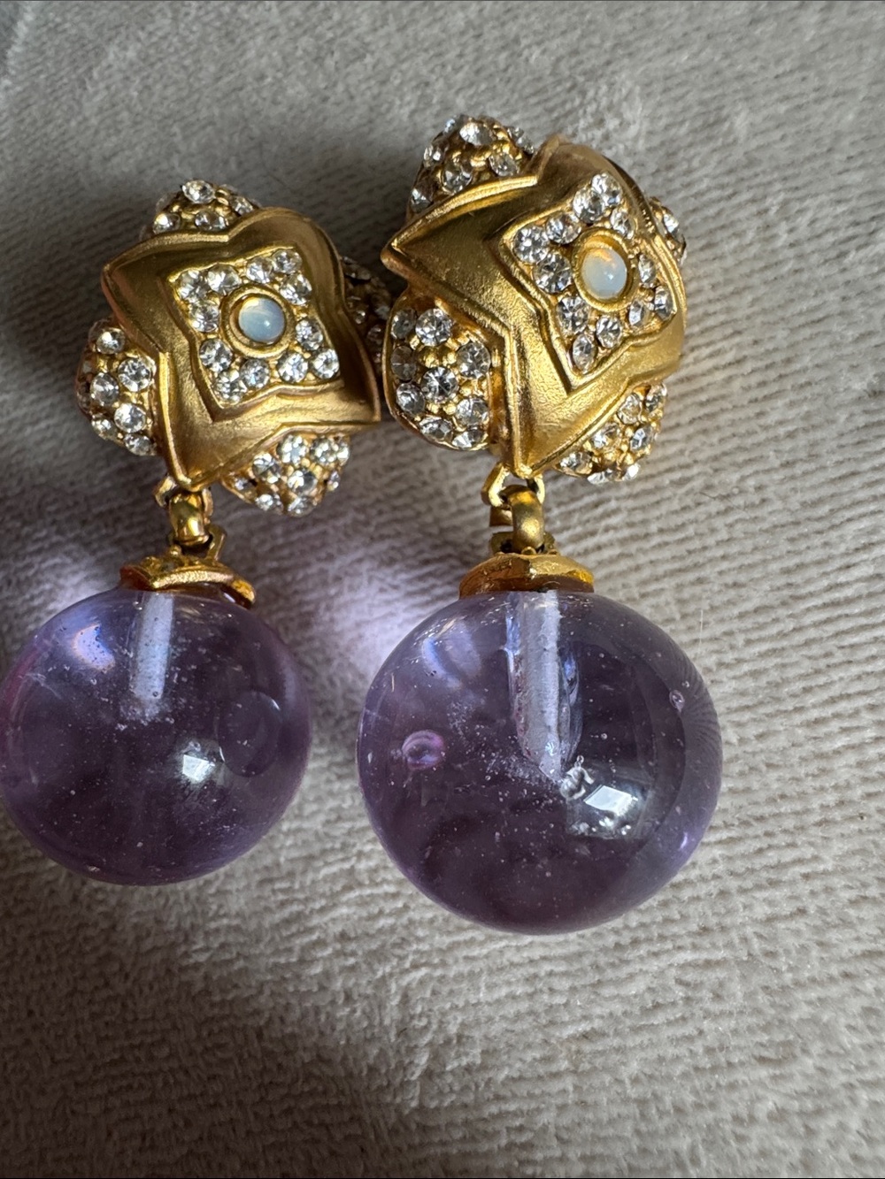 Gold-Tone Crystal Stud Earrings with Amethyst Glass Droplets